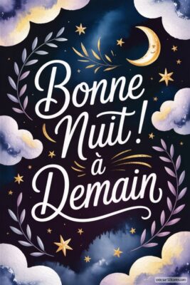 Texte stylisé sur fond nocturne avec lune, nuages et étoiles.