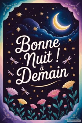 Ciel nocturne avec lune et étoiles, fleurs colorées en bas et texte Bonne Nuit ! à Demain.