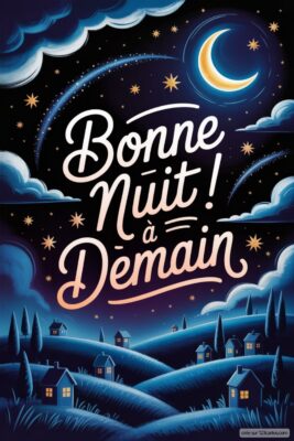Ciel nocturne étoilé avec texte Bonne Nuit ! à Demain et maisons en bas.