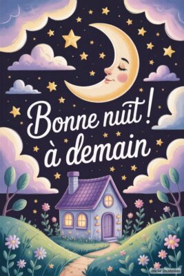 Un ciel étoilé avec une lune souriante et une maison entourée de fleurs.