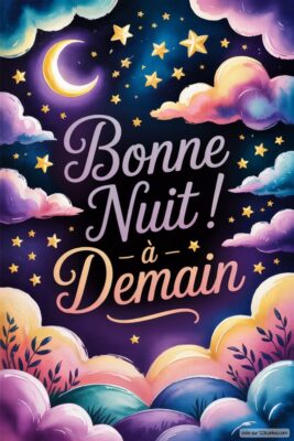 Ciel nocturne étoilé avec un croissant de lune, nuages colorés et texte Bonne Nuit ! à Demain.