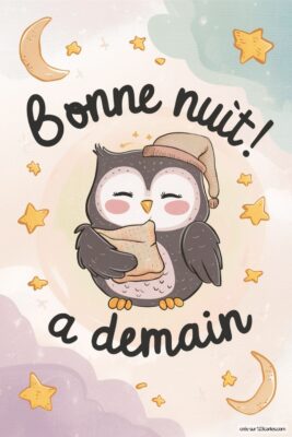 Hibou souriant portant un bonnet, tenant un oreiller, avec des étoiles et la phrase Bonne nuit ! à demain.