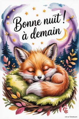 Renard endormi dans un nid avec un ciel étoilé et un message Bonne nuit ! à demain.
