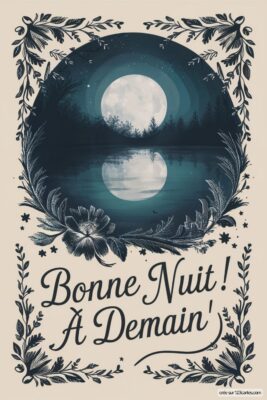 Lune brillante sur un lac paisible, entourée de fleurs et d'une bordure végétale, avec le texte Bonne Nuit ! À Demain.