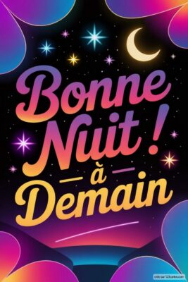 Texte coloré sur fond noir avec des motifs de lune, d'étoiles et de formes abstraites.
