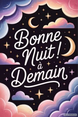 Texte coloré sur fond sombre avec nuages, étoiles et croissant de lune.