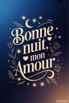 Texte stylisé Bonne nuit, mon Amour avec étoiles et motifs floraux.