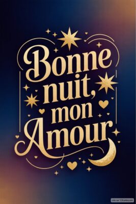 Texte décoratif avec Bonne nuit, mon Amour sur fond bleu et étoiles.