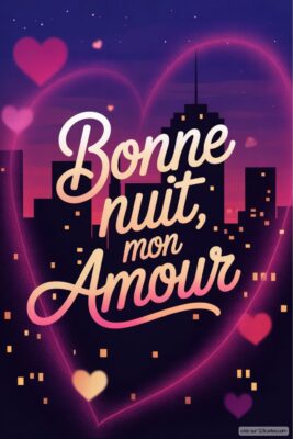 Texte sur fond violet avec des cœurs, souhaitant Bonne nuit, mon Amour.