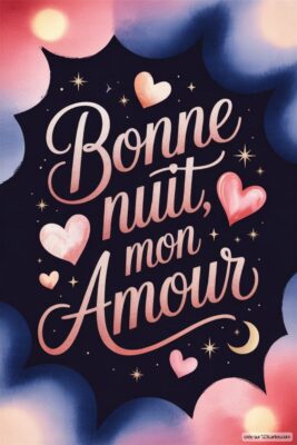 Texte sur fond sombre avec des cœurs, souhaitant une bonne nuit à un amour.