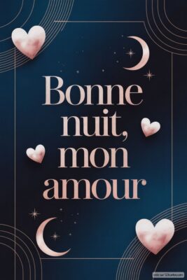 Texte en lettres roses sur fond bleu, avec des cœurs et des croissants de lune décoratifs.