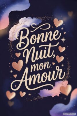 Texte en lettres cursives : Bonne Nuit, mon Amour avec des cœurs sur fond sombre.