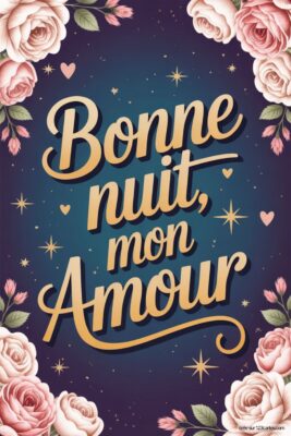 Texte décoratif sur fond bleu marine, entouré de roses, souhaitant une bonne nuit.