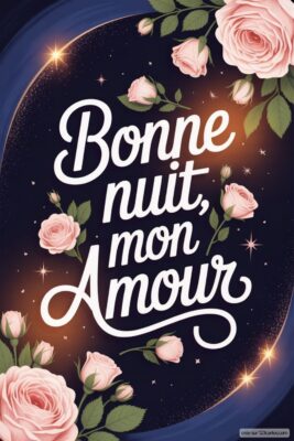 Texte stylisé Bonne nuit, mon Amour entouré de roses sur fond sombre.