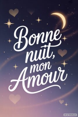 Texte décoratif sur un fond étoilé avec un croissant de lune et des cœurs.