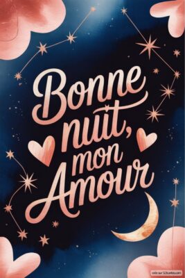 Texte décoratif en rose sur fond bleu avec des cœurs et une lune, souhaitant une bonne nuit.