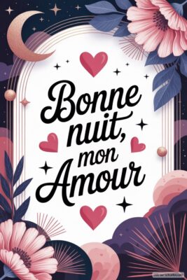 Texte décoratif avec des fleurs, des cœurs et un message Bonne nuit, mon Amour.