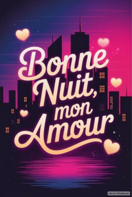 Texte sur fond de ville au crépuscule avec des cœurs.