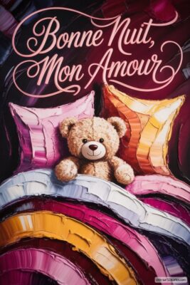Un ours en peluche souriant sur des oreillers avec le texte Bonne Nuit, Mon Amour.