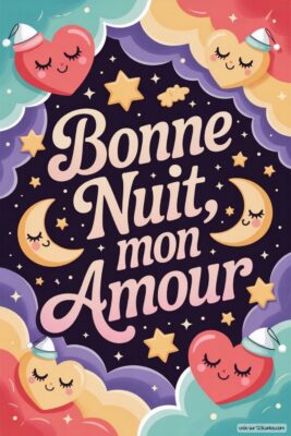 Texte Bonne Nuit, mon Amour avec cœurs et lunes souriantes sur fond étoilé.