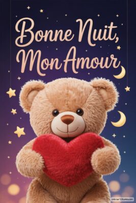 Un ours en peluche tenant un cœur rouge, avec un fond étoilé et un texte affectueux.