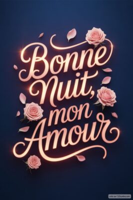 Texte décoratif en rose sur fond bleu : Bonne Nuit, mon Amour avec des fleurs.