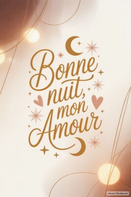 Texte décoratif en or sur fond clair : Bonne nuit, mon Amour avec étoiles et cœurs.