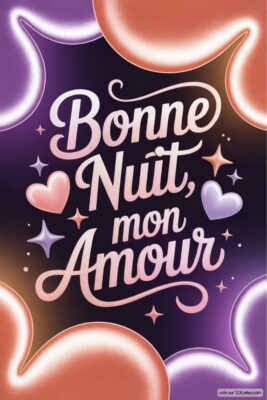 Texte sur fond sombre : Bonne Nuit, mon Amour entouré de cœurs et étoiles.