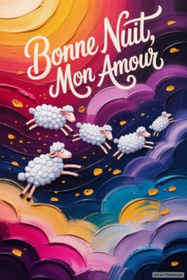 Cinq moutons volent au-dessus de nuages avec le texte Bonne Nuit, Mon Amour.