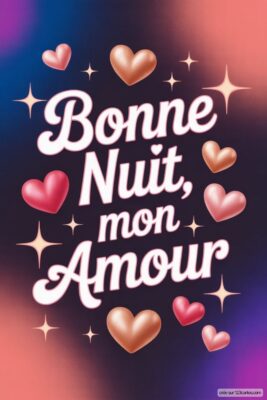 Texte Bonne Nuit, mon Amour entouré de cœurs et d'étoiles scintillantes.