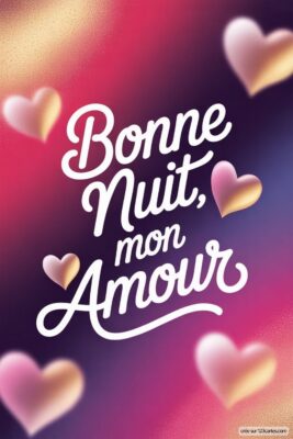 Texte en lettres stylisées sur fond dégradé avec des cœurs.