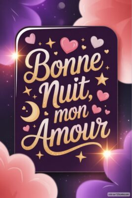 Texte sur fond sombre avec des étoiles et des cœurs, souhaitant bonne nuit à un être cher.