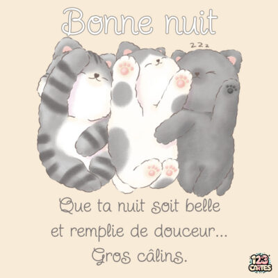 Trois adorables chats endormis, sur un fond doux, avec le texte Bonne nuit et des vœux de douceur et de câlins.