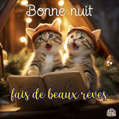 Deux chatons portant des bonnets chantent ensemble devant un livre ouvert, avec une ambiance chaleureuse de nuit.