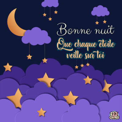 Image stylisée de nuit avec des nuages violets, une lune dorée et des étoiles, accompagnée du texte Bonne nuit.