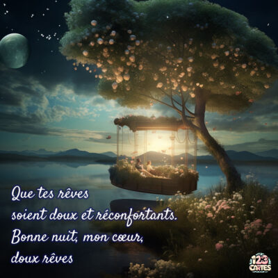Horizon nocturne avec un arbre, une balançoire illuminée et un texte poétique sur un fond paisible et étoilé.