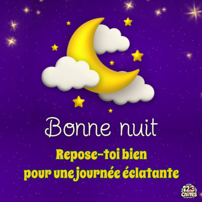 Image avec un ciel violet étoilé, une lune jaune souriante, des nuages blancs et le texte Bonne nuit avec un message de repos.