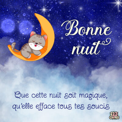 Image d'un chat endormi sur un croissant de lune, avec un ciel étoilé et le texte Bonne nuit.