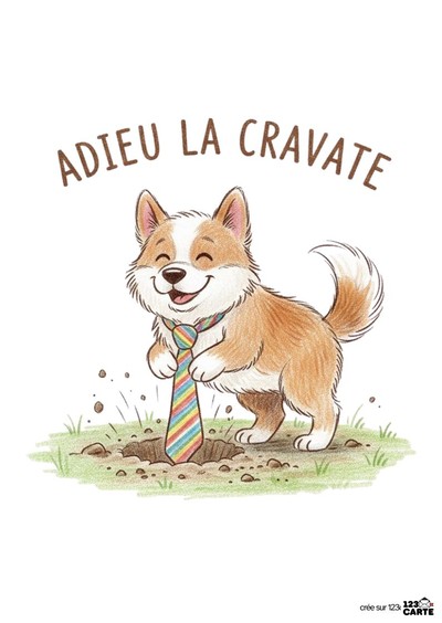 Illustration d'un chien corgi souriant, tenant une cravate rayée multicolore, devant un trou. Texte marron en haut « Adieu la cravate ». Herbe verte, style crayonné.