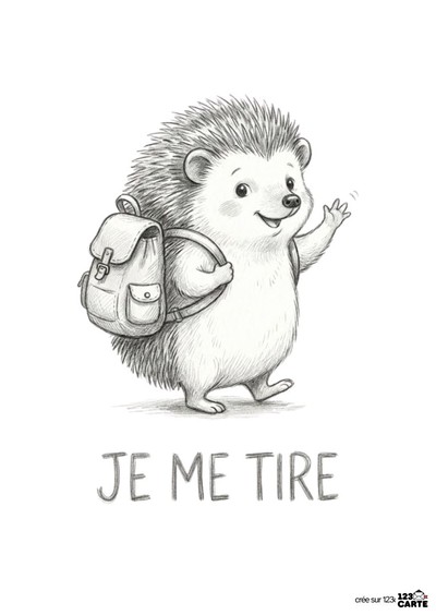 Dessin en noir et blanc d'un hérisson souriant, portant un sac à dos et saluant de la main. Texte en dessous : « JE ME TIRE ». Style crayonné. Fond blanc.