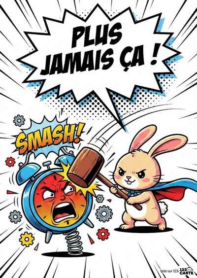Image de style BD. Un lapin super-héros frappe un réveil furieux avec un maillet. Bulle « PLUS JAMAIS ÇA ! ». Mot « SMASH ! ». Fond blanc avec traits noirs. Palette de couleurs vives.