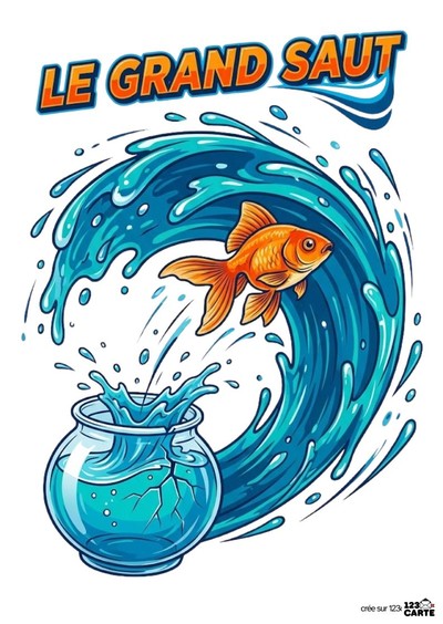 Illustration d'un poisson rouge sautant hors d'un bocal. Le poisson est orange, entouré d'une vague bleue. Le texte « LE GRAND SAUT » est en haut. Style cartoon.