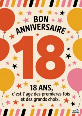 Carte d'anniversaire 18 ans colorée avec ballons orange et jaunes, confettis multicolores et message BON ANNIVERSAIRE 18 ans - c'est l'âge des premières fois et des grands choix sur fond festif à imprimer