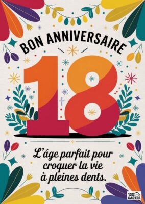 Carte joyeux anniversaire 18 ans avec décoration florale colorée, guirlandes et message L'âge parfait pour croquer la vie à pleines dents - design moderne à imprimer