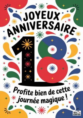 Carte d'anniversaire 18 ans artistique avec motifs géométriques colorés, étoiles et message Profite bien de cette journée magique - design créatif à imprimer