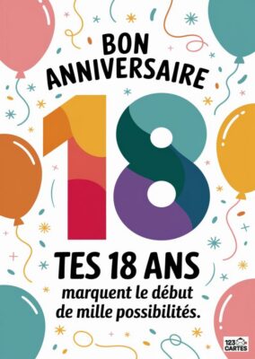 Carte bon anniversaire 18 ans avec ballons pastel, serpentins dorés et message TES 18 ANS marquent le début de mille possibilités - carte élégante à imprimer