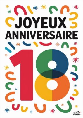 Carte joyeux anniversaire 18 ans moderne avec chiffres colorés arc-en-ciel, motifs géométriques et étoiles multicolores - design tendance à imprimer