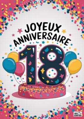 Carte anniversaire 18 ans avec gâteau décoratif, ballons roses et bleus, confettis festifs sur fond dégradé - carte de fête à imprimer