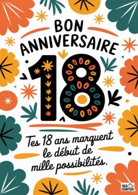 Carte bon anniversaire 18 ans avec motifs floraux tropicaux colorés, étoiles dorées et message Tes 18 ans marquent le début de mille possibilités - style bohème à imprimer