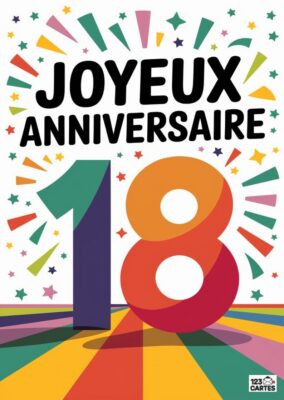 Carte joyeux anniversaire 18 ans dynamique avec rayons colorés, étoiles et formes géométriques sur fond multicolore - carte moderne à imprimer